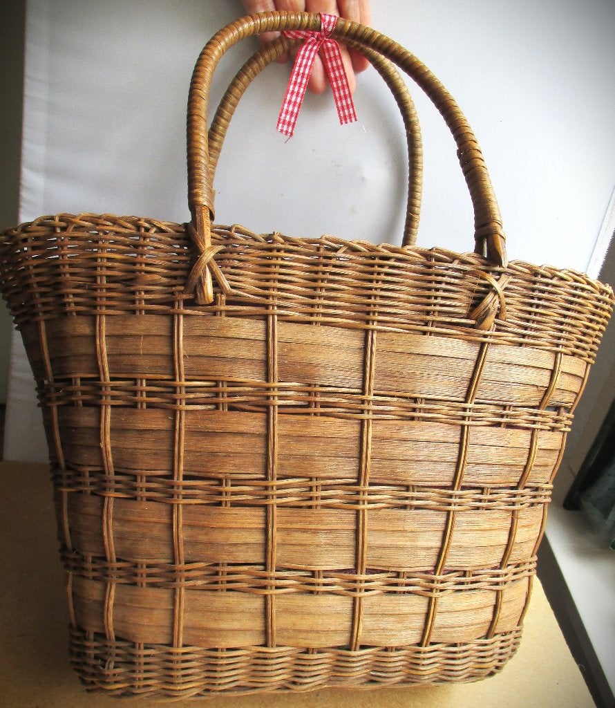 Tas~Rieten Mand~Antiek kindermandje~Geruit design, Ophalen of Verzenden