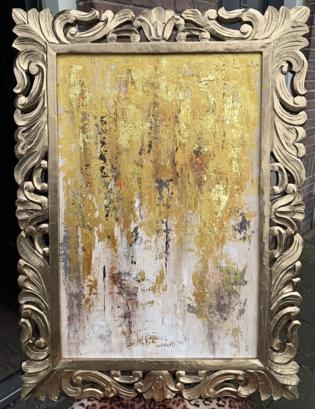 Schilderij in oude uitgewerkte lijst goud beige taupe VdlM, Ophalen