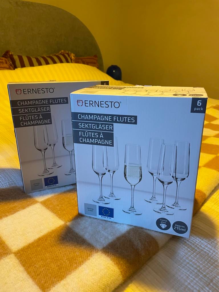 2x Ernesto Champagne Flutes - Nieuw in doos (2x 6 stuks), Ophalen of Verzenden, Nieuw, Glas, Glas of Glazen
