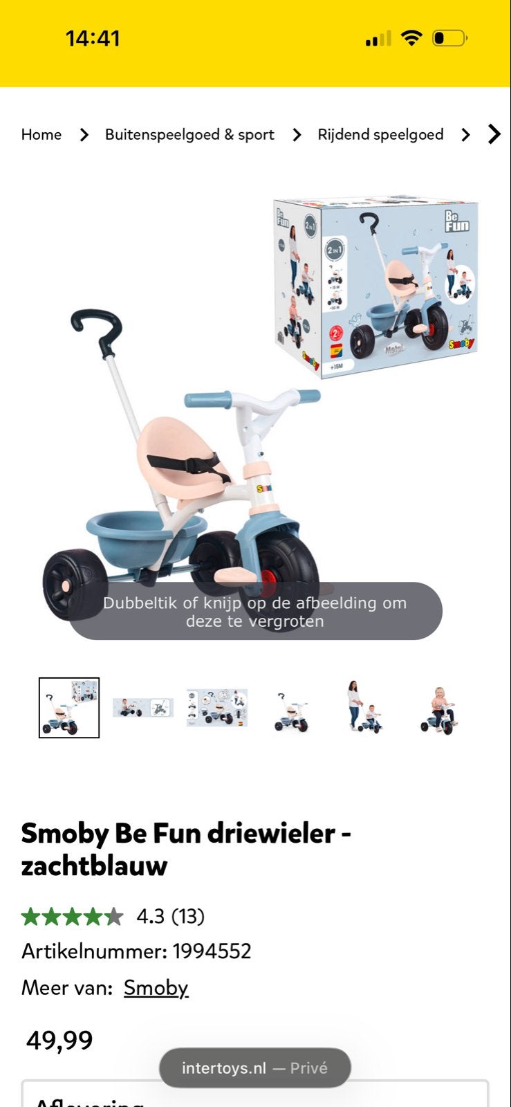 Smoby Be Fun driewieler - zachtblauw, Ophalen, Nieuw, Velgrem, Duwstang