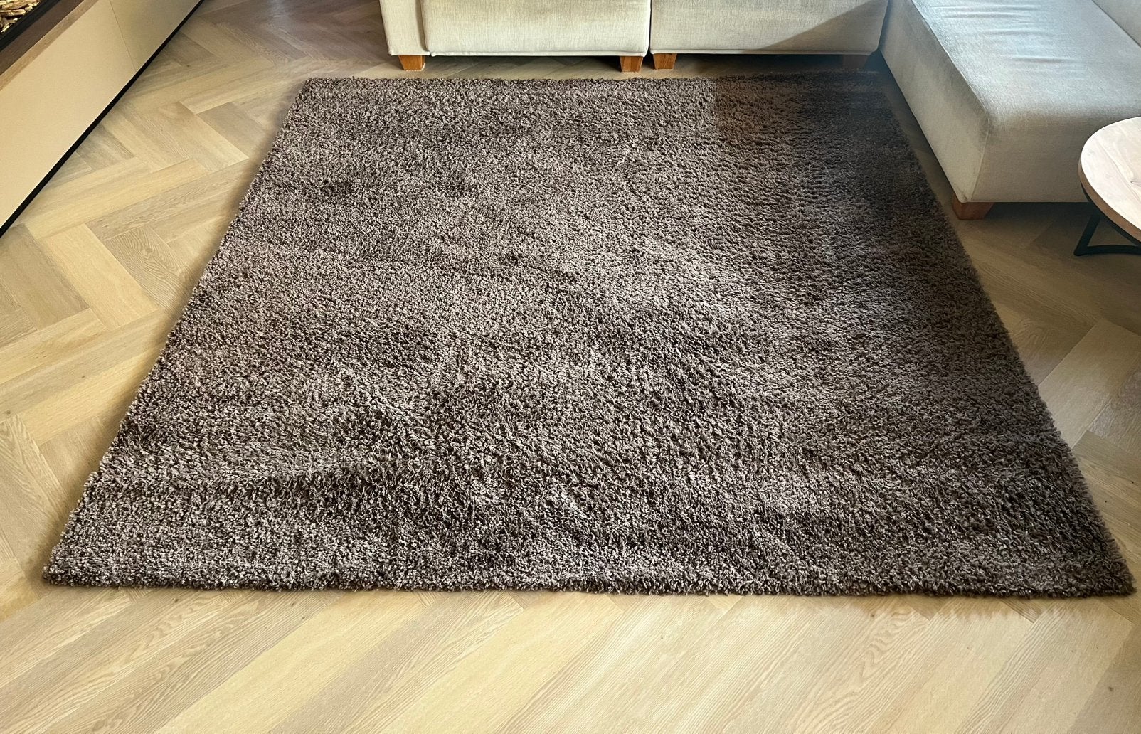 Hoogpolig vierkant tapijt taupe, Ophalen, Zo goed als nieuw, Vierkant, 200 cm of meer