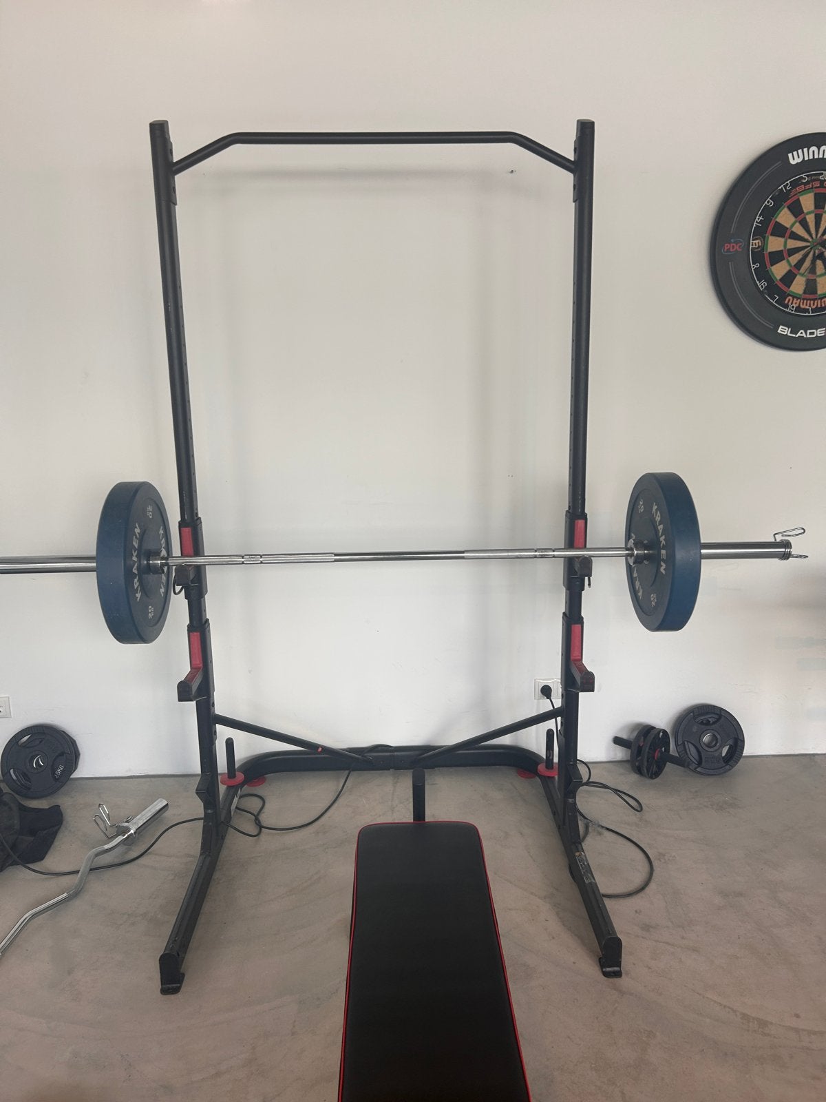 halterstang en gewichten, Ophalen, Gebruikt, Armen, Fitnessbank