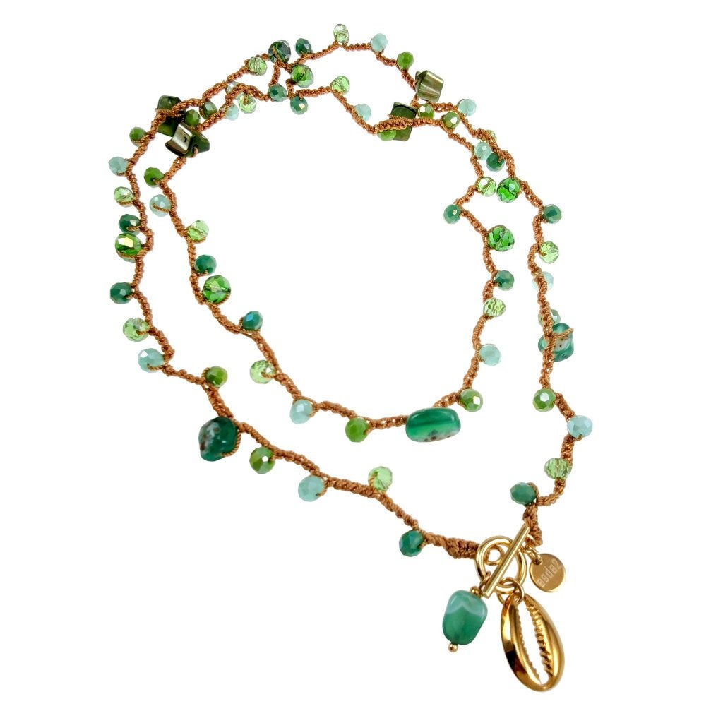 Boho Damesketting Natuursteen Groene Kristallen RVS Verguld, Overige materialen, Verzenden, Nieuw, Groen