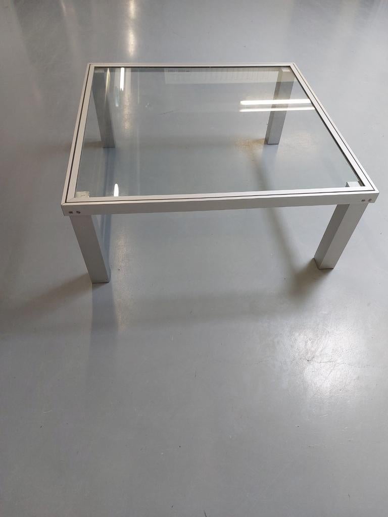 Jaren '70/'80 Aluminium Salontafel met Glazen Blad, Ophalen, Gebruikt, 50 tot 100 cm, 50 tot 100 cm