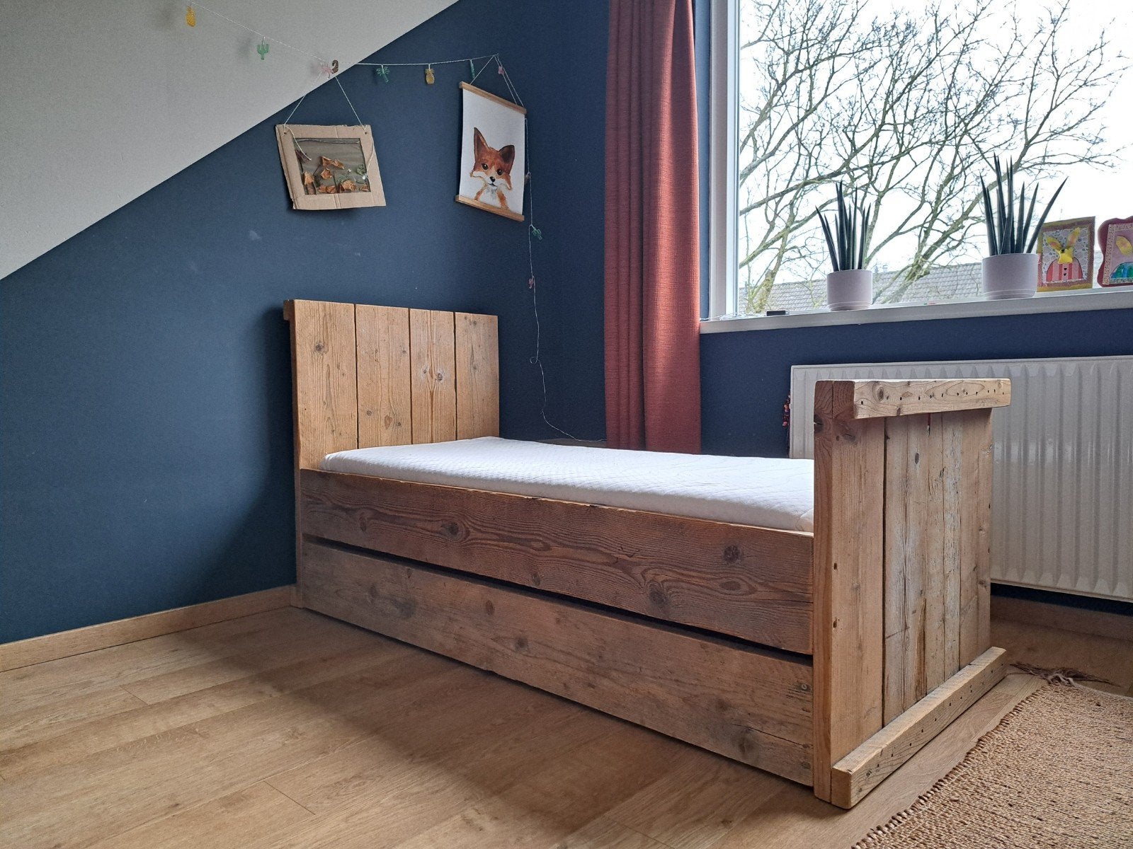 Steigerhouten peuterbed met opberglade, Ophalen, Gebruikt, 70 cm of minder, Bruin