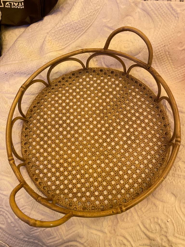 Ijzeren Rotan look dienblad met handvatten stevig, Ophalen of Verzenden, Gebruikt, Rond, Overige materialen