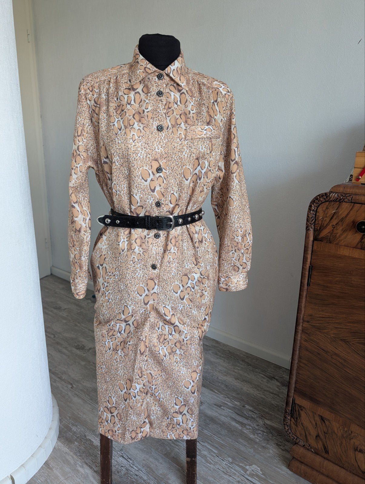 Vintage Luipaardprint Jurk, Kleding | Dames, Beige, Maat 42/44 (L), Ophalen of Verzenden, Zo goed als nieuw