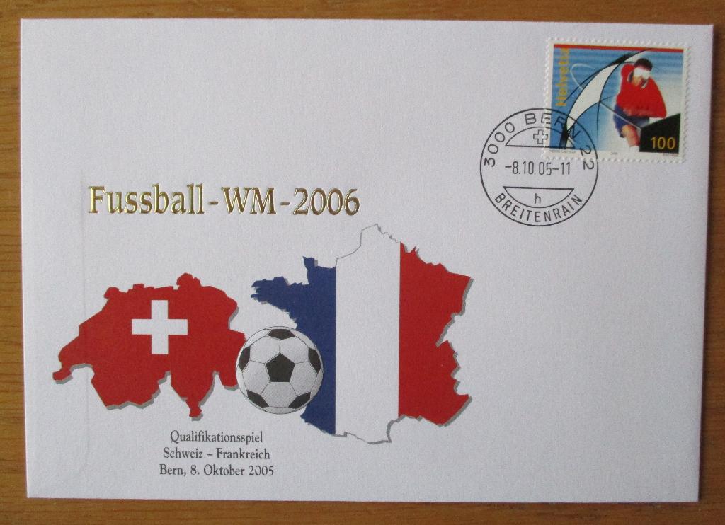 FDC WK voetbal 2006, kwalificatieduel Zwitserland-Frankrijk, Verzenden, Gestempeld, Sport