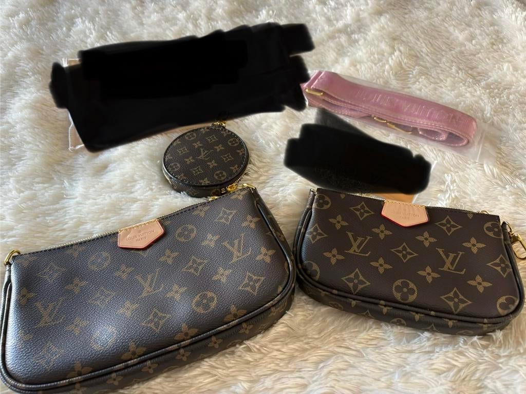 Tassenset 3-delig met monogram print en roze strap, Ophalen of Verzenden, Zo goed als nieuw, Bruin, Schoudertasje