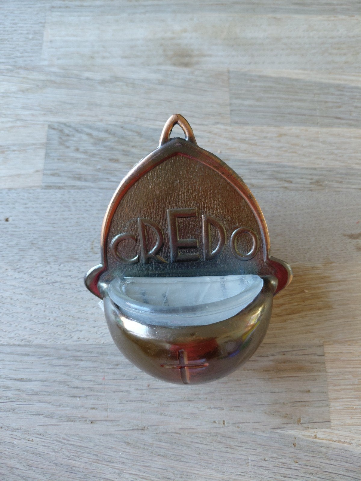 Antieke bronzen wijwaterbak met 'CREDO' inscriptie, Antiek en Kunst, Ophalen