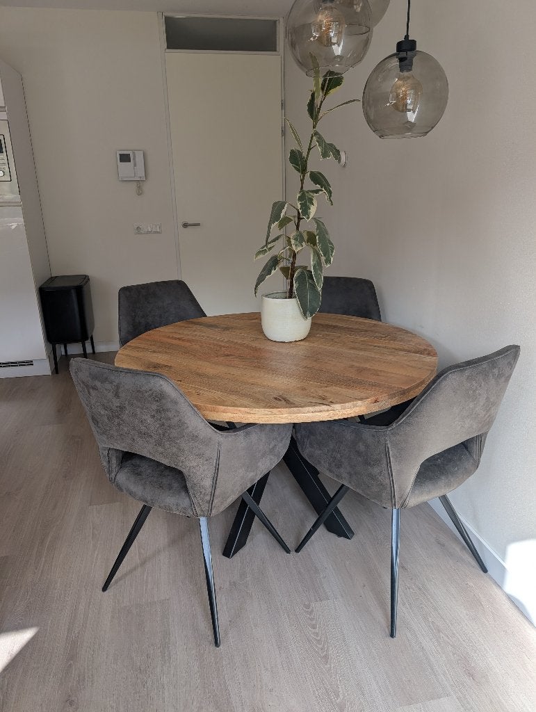 4 grijze eetkamer stoelen, Ophalen, Gebruikt, Grijs, Stof