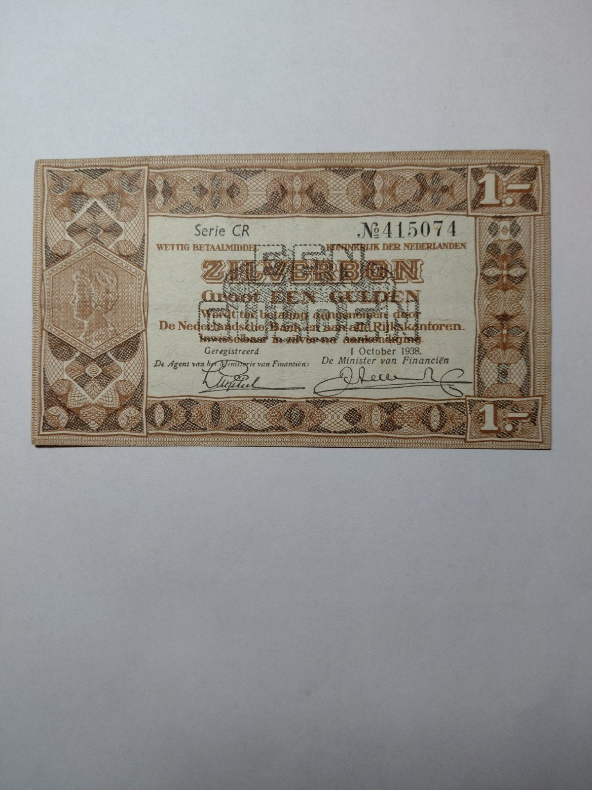 1 gulden zilverbon 1938, Postzegels en Munten, Bankbiljetten | Nederland, Ophalen of Verzenden, 1 gulden