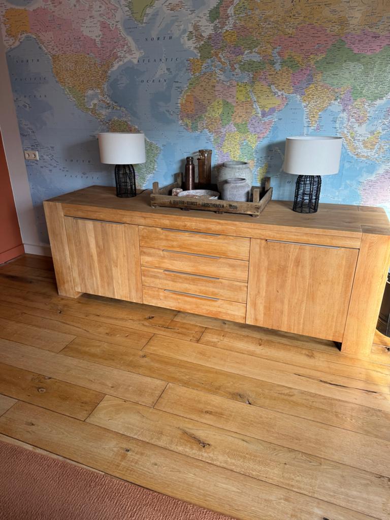 Massief eiken dressoir met lades en deuren, Gebruikt, Eikenhout, Ophalen of Verzenden, 200 cm of meer