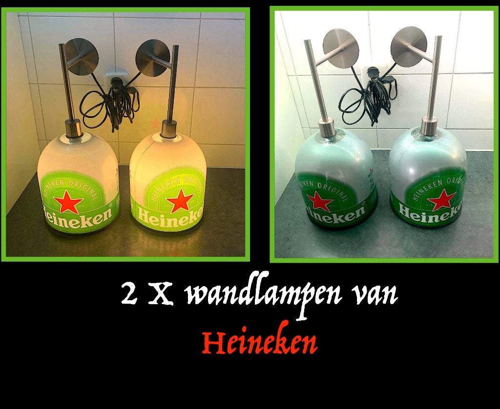 Te koop mancave 2 RVS wandlampen van Heineken compleet ., Verzamelen, Ophalen of Verzenden, Zo goed als nieuw, Overige typen, Heineken