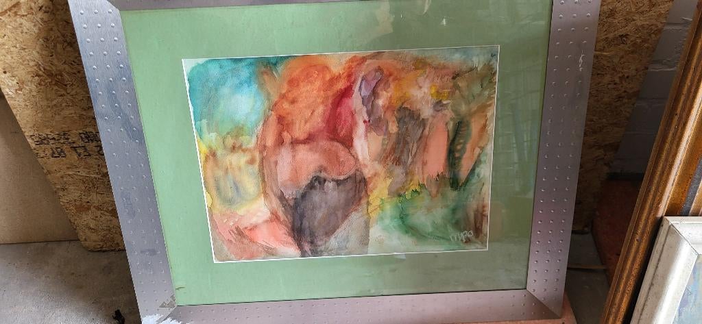 Waterverf van MPO Venema kleurrijk en zilverkleurige lijst., Ophalen, Zo goed als nieuw, Schilderij, 75 cm of meer
