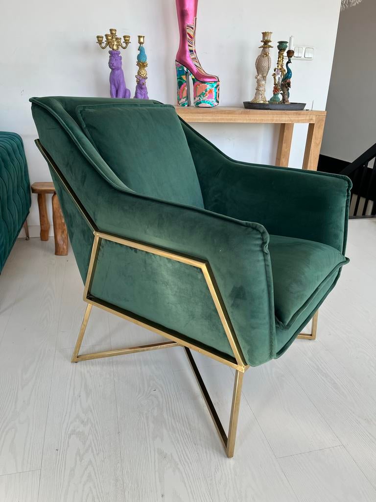 Luxe velvet fauteuil Richmond Interiors - Goud frame, Huis en Inrichting, Fauteuils, Ophalen, Zo goed als nieuw, Stof, 75 tot 100 cm
