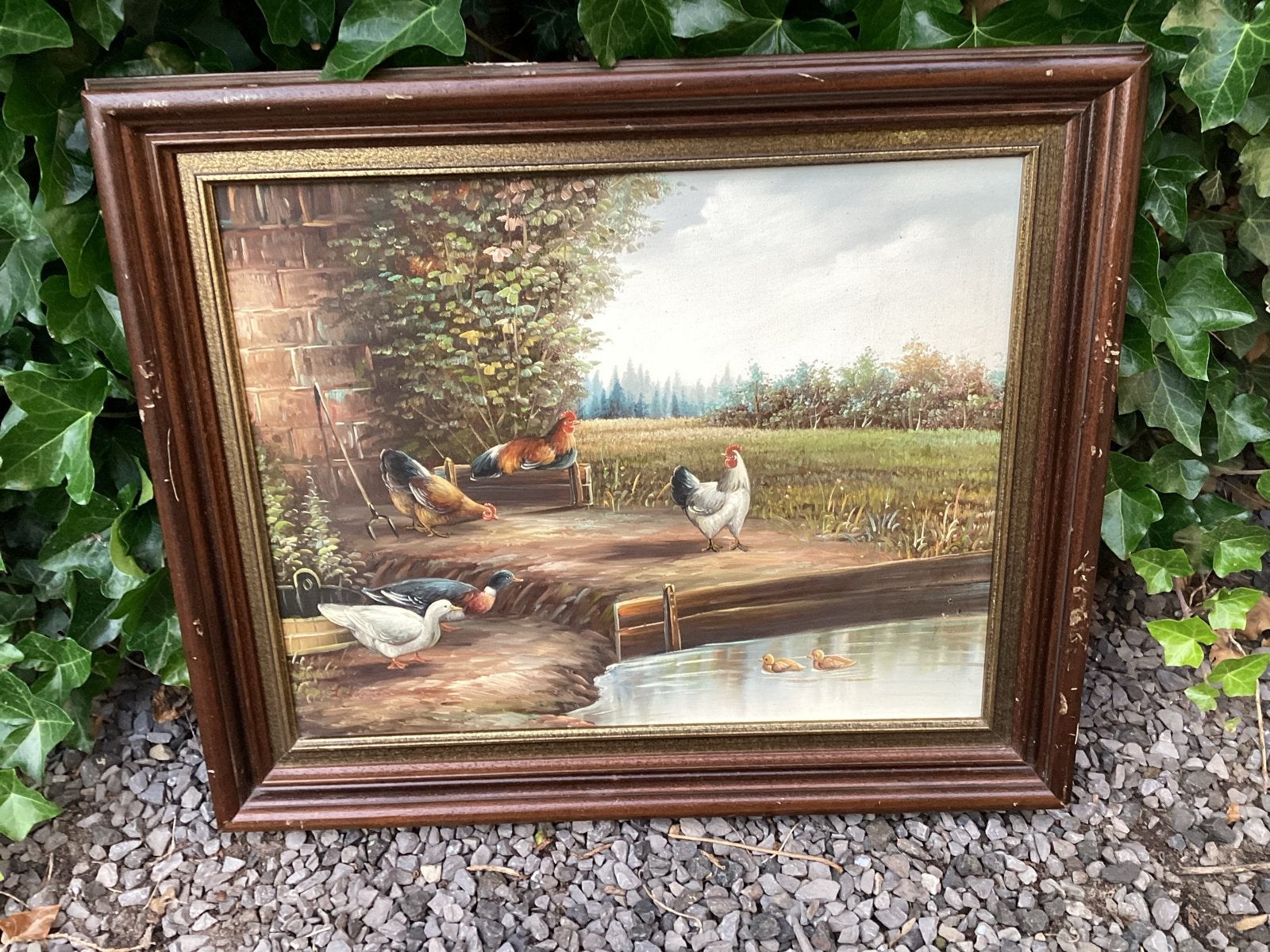 Olieverfschilderij L. Lanken - Boerderijtafereel met pluimve, Antiek en Kunst, Kunst | Schilderijen | Klassiek, Ophalen