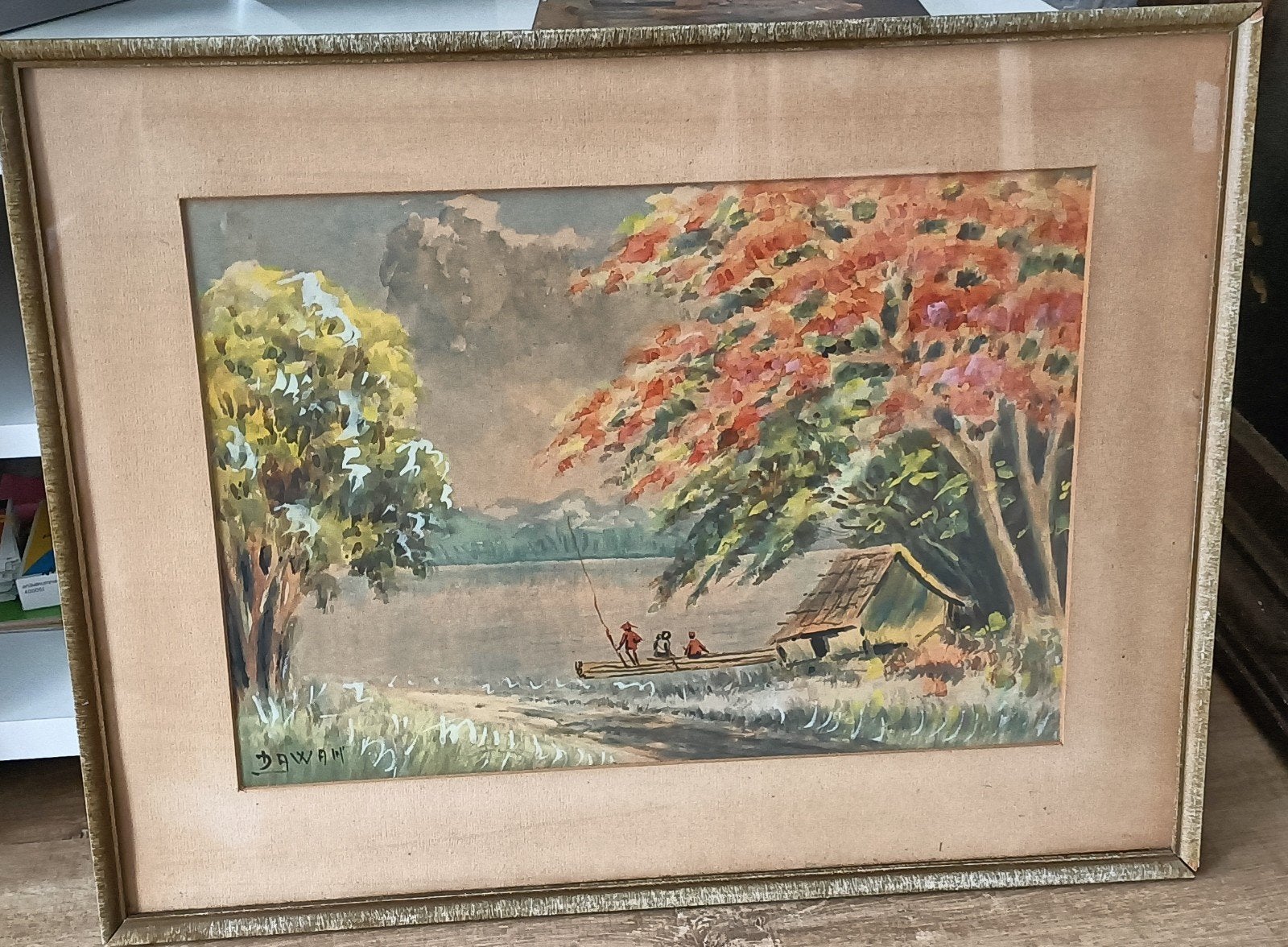Oud schilderij van Dawan: Tropisch landschap met vissers, Ophalen, Nederlandse school, Origineel werk, Landschap