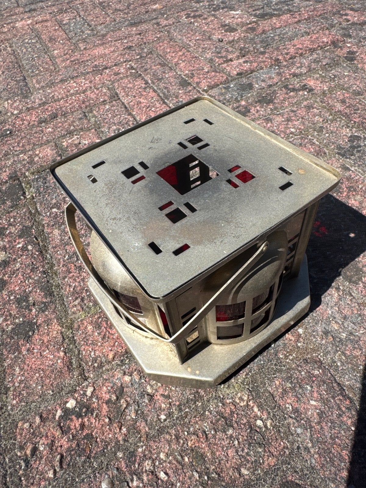 Vintage metal theelicht houder met rode glazen, Ophalen of Verzenden