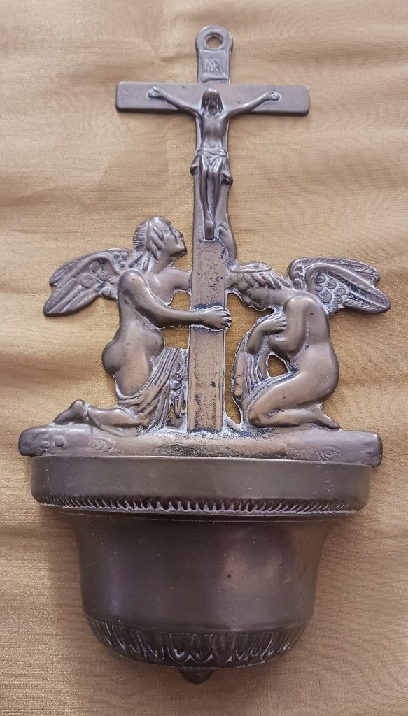 Koperen wijwaterbak wijwatervat, Ophalen of Verzenden, Gebruikt, Beeld(je), Christendom | Katholiek