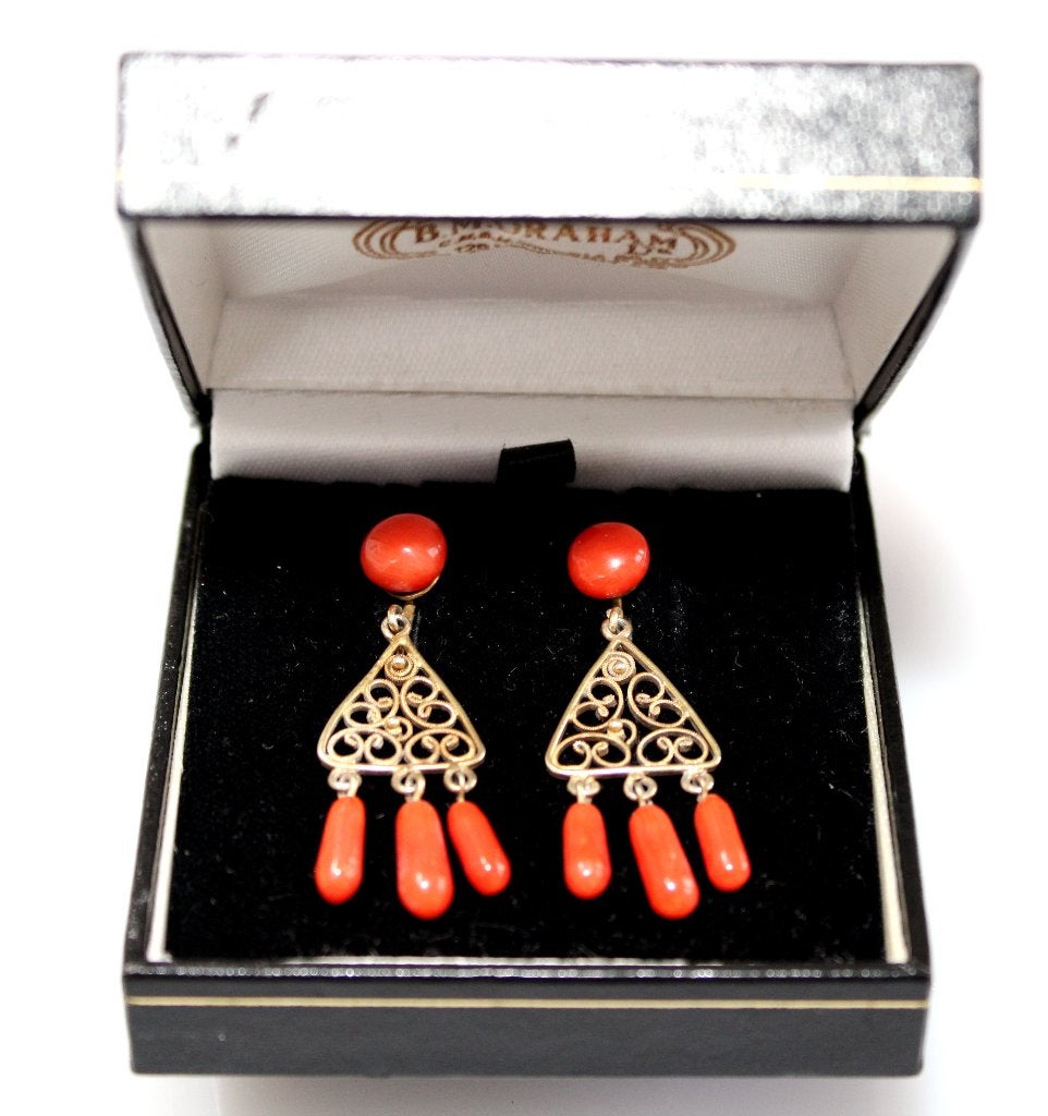 Prachtige Antieke Italiaanse Bloedkoraal Girandole Oorbellen, Sieraden, Tassen en Uiterlijk, Ophalen of Verzenden, Zilver, Oorbellen