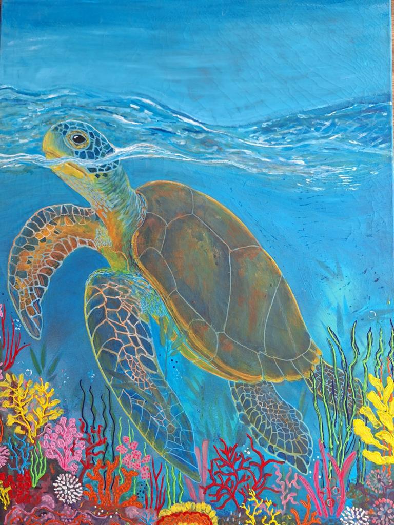 Schilderij van een zeeschildpad in koraalrif, Ophalen of Verzenden