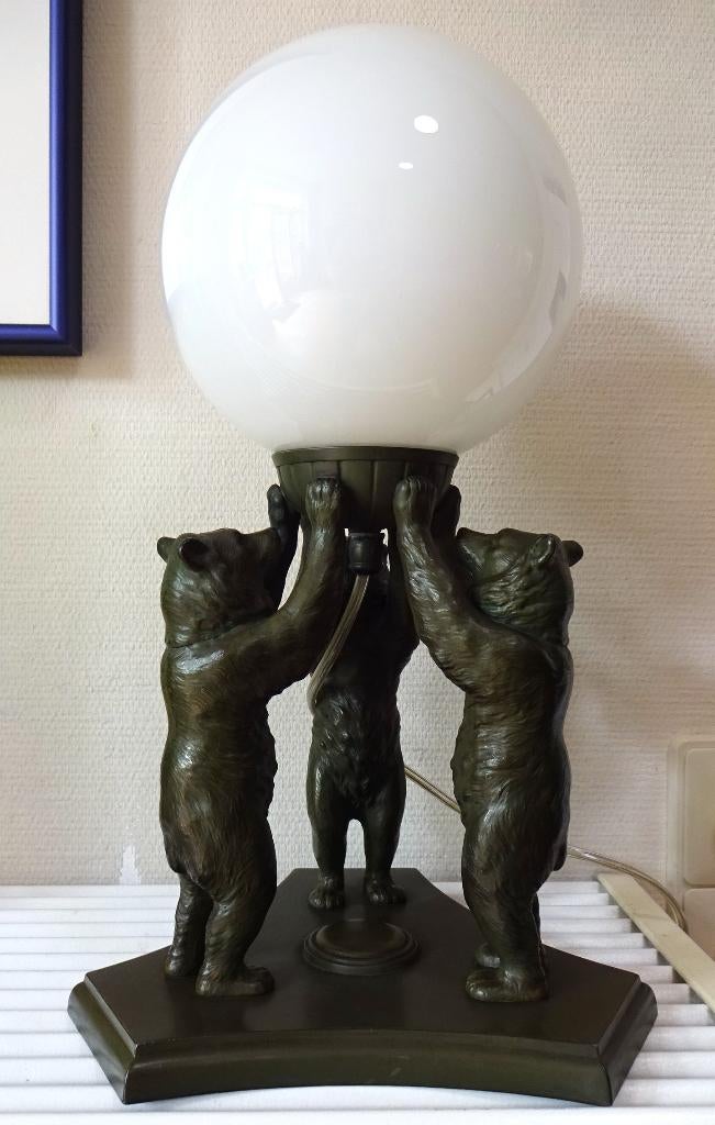 Art Deco tafellamp: 3 x staande beren. Gebronsd koper, Antiek en Kunst, Ophalen of Verzenden