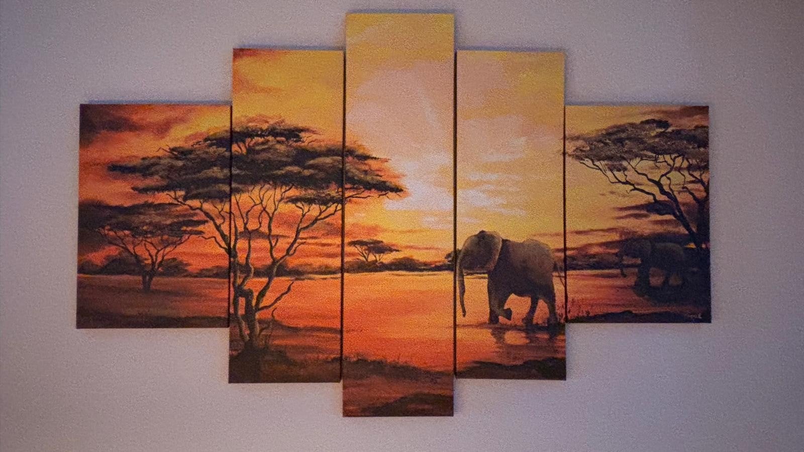 Afrikaanse zonsondergang met olifanten - 5-delig schilderij, Huis en Inrichting, Woonaccessoires | Schilderijen, Tekeningen en Foto's