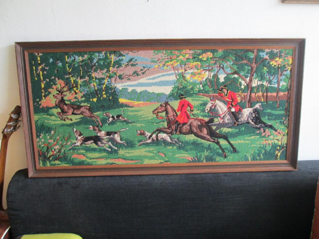 Geborduurd schilderij / Jachttafereel / 119 x 57 / 1960,s, Gebruikt, 50 tot 75 cm, Ophalen of Verzenden, Schilderij