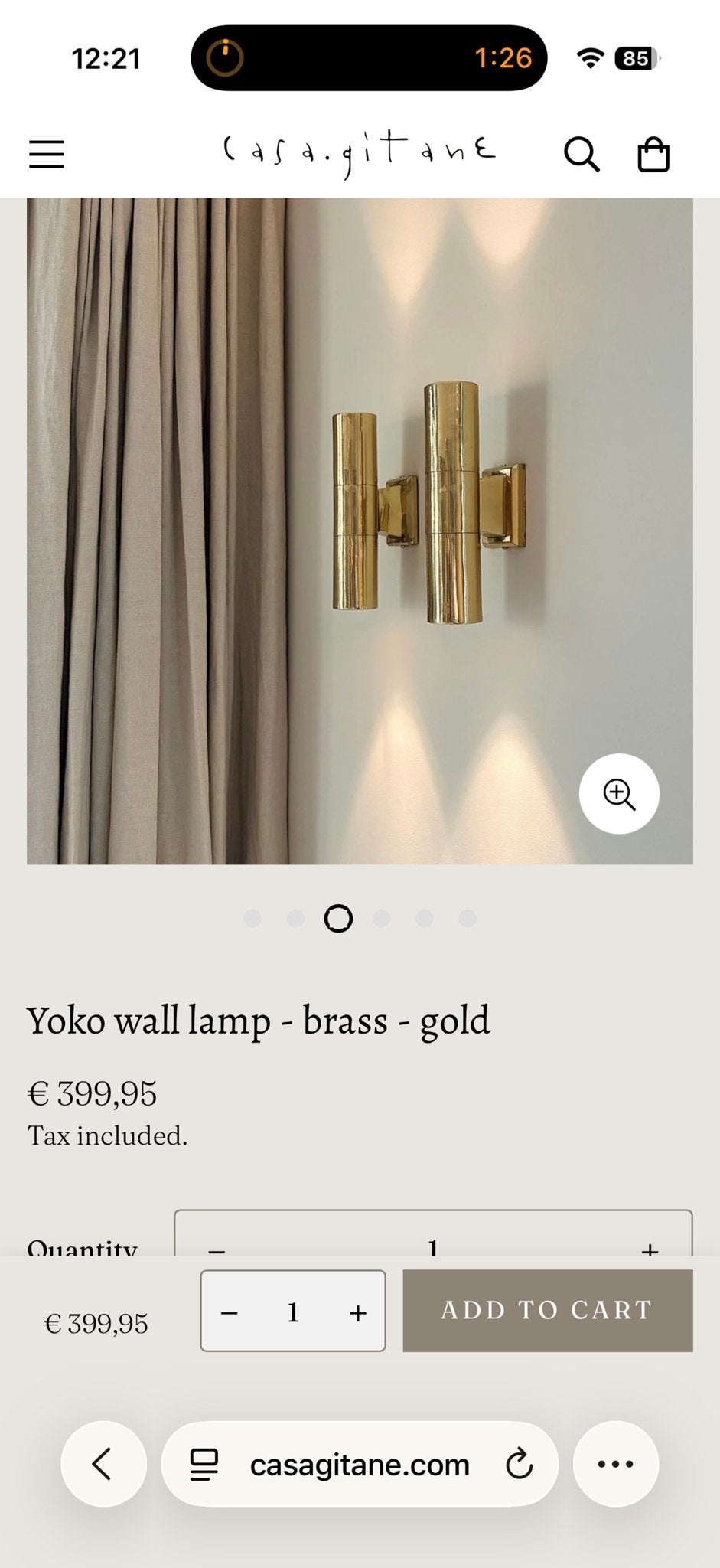 Yoko wandlamp messing - Casa Gitane - Up en down light, Up-/downlighter, Ophalen of Verzenden, Zo goed als nieuw, Up & down verlichting