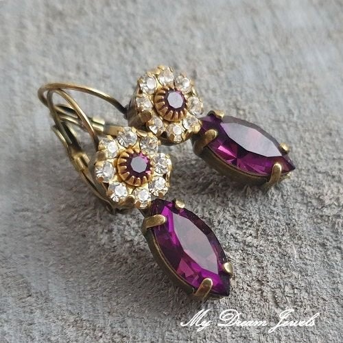 Oorbellen Swarovski Crystal Flower/Navette Amethyst, Met kristal, Overige materialen, Hangers, Overige kleuren