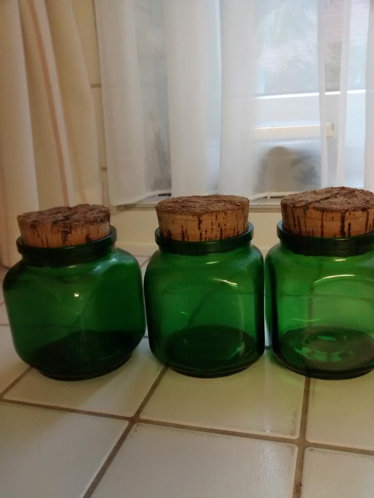 3 glazen potten met kurken dop RETRO, Voorraadpot, Ophalen of Verzenden, Nieuw, Glas