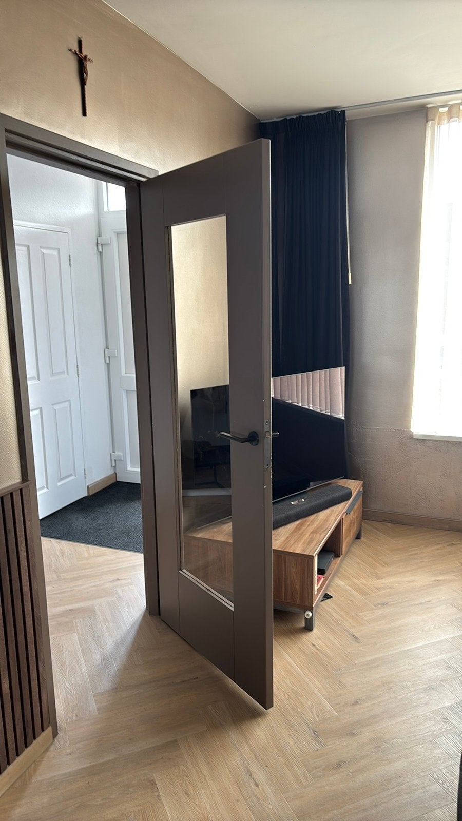 Massief houten binnendeur met glas, Ophalen, Gebruikt, 80 tot 100 cm, Binnendeur