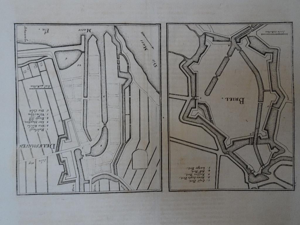 Dubbelgravure plattegrond Delfshaven en Brielle Merian 1670, Verzenden, Cartografie, 1600 - 1699, Gravure