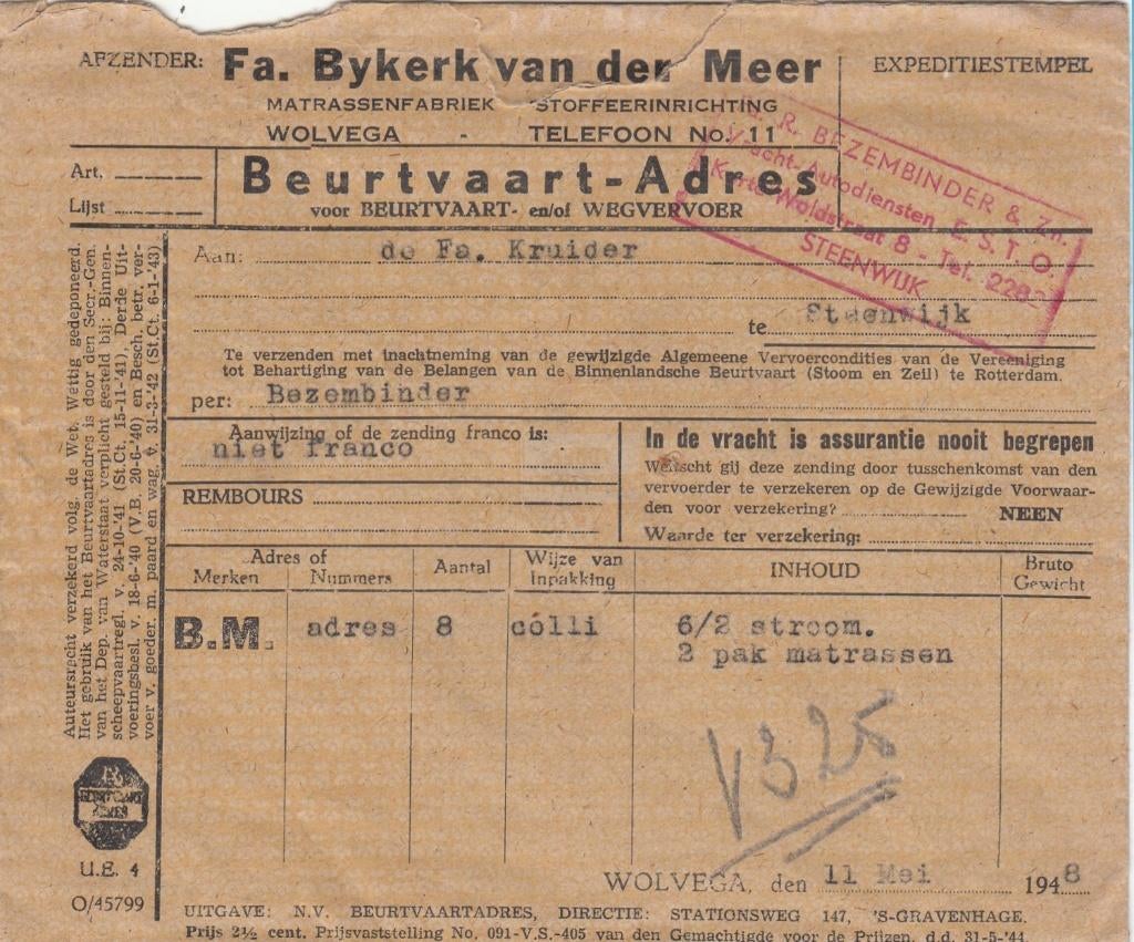 Beurtvaart-Adres voor Beurtvaart en/of Wegvervoer Wolvega, Ophalen of Verzenden, Brief