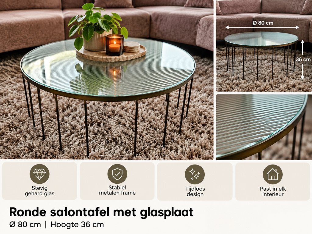 Ronde salontafel met geribbeld glazen blad – Ø 80 cm, Huis en Inrichting, Ophalen, 50 tot 100 cm, Rond, Zo goed als nieuw