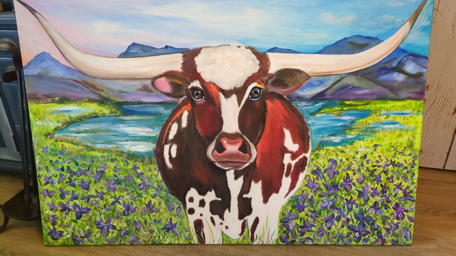 Schilderij Texas Longhorn Koe - Handgeschilderd Acryl, Acrylverf, Ophalen of Verzenden, Dieren, Handgeschilderd