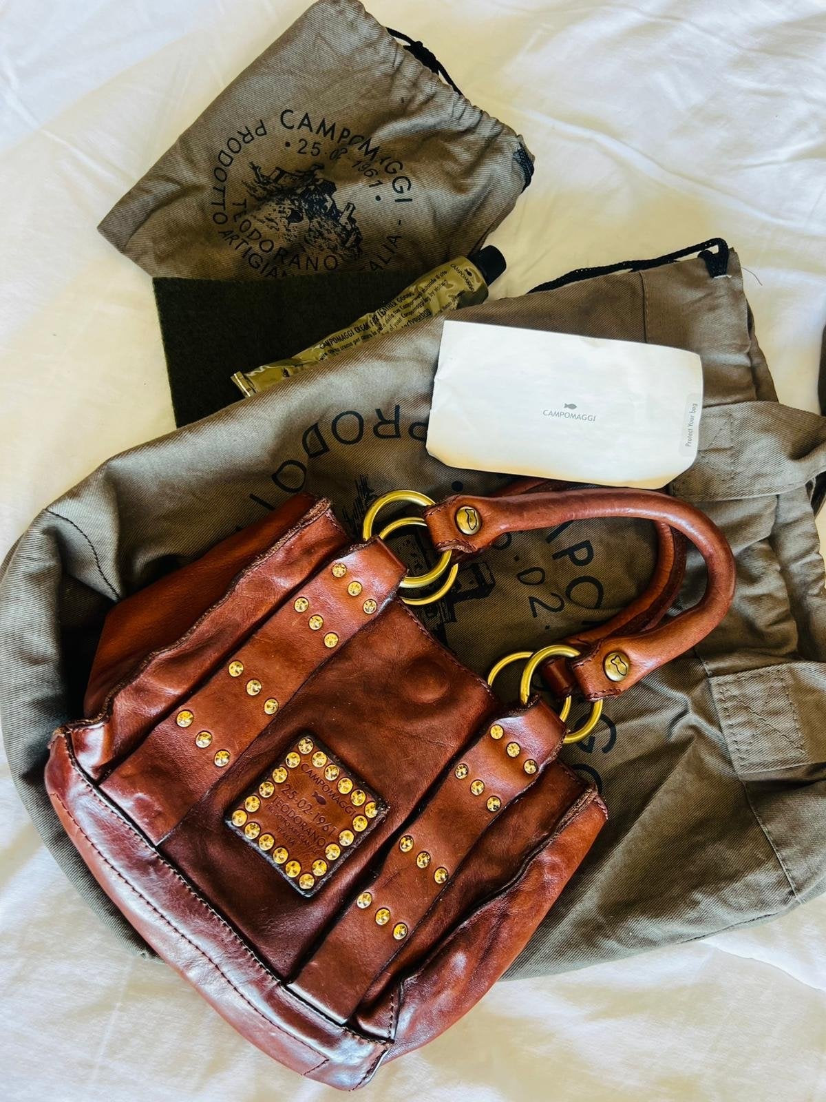 Campomaggi Leren Handtas met Studs - Bruin, Ophalen of Verzenden, Zo goed als nieuw, Bruin, Handtas