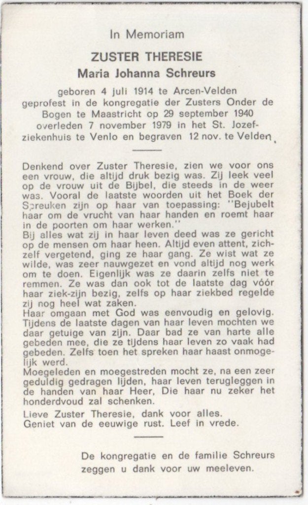 zr. Maria J. Schreurs 1914 Arcen-Velden + 1979 Maastricht, Ophalen of Verzenden
