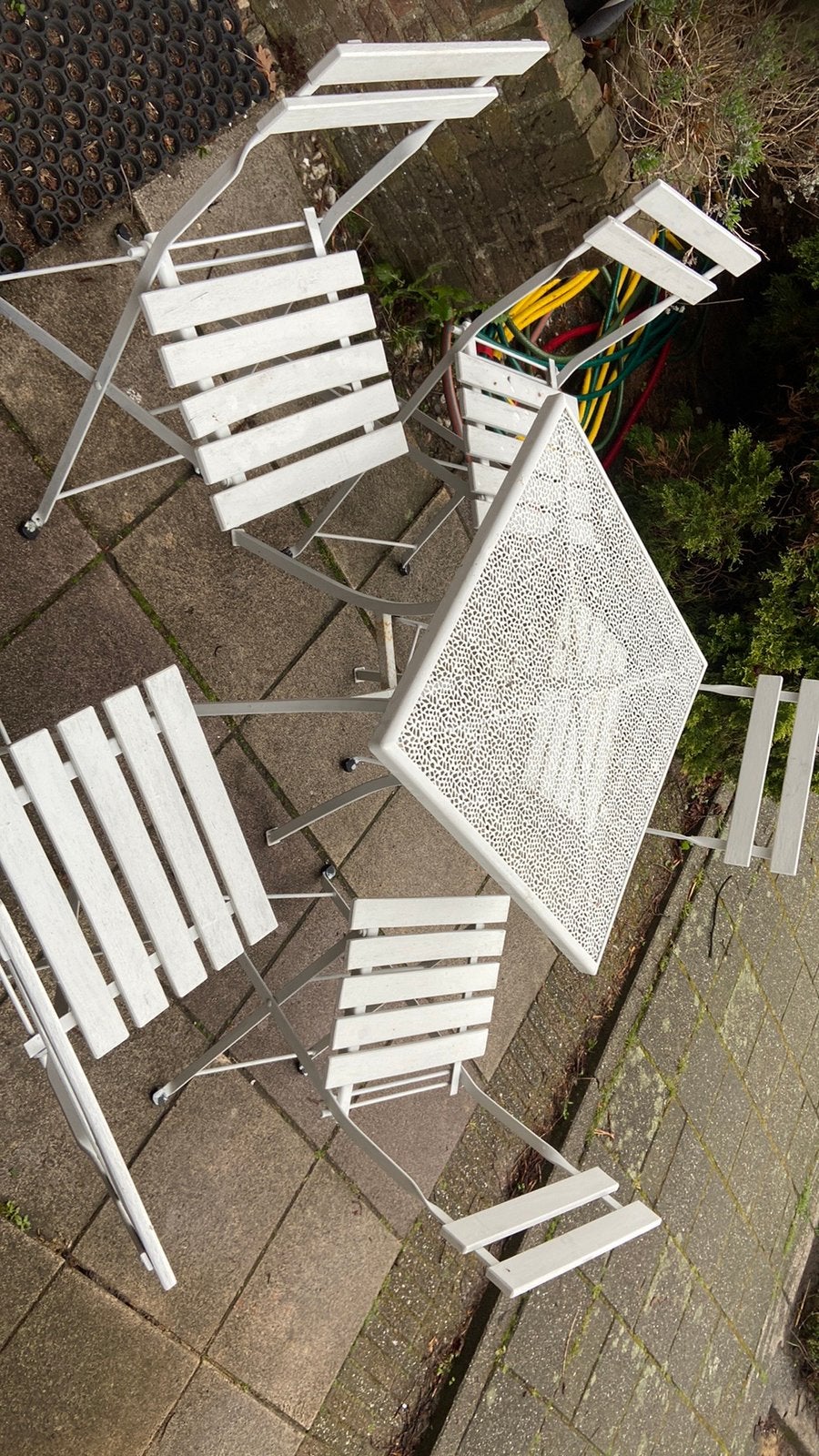 Tuin zitje setje bistro witte 5 persoons tuinsetje balkon, Ophalen, Zo goed als nieuw, Metaal, Inklapbaar