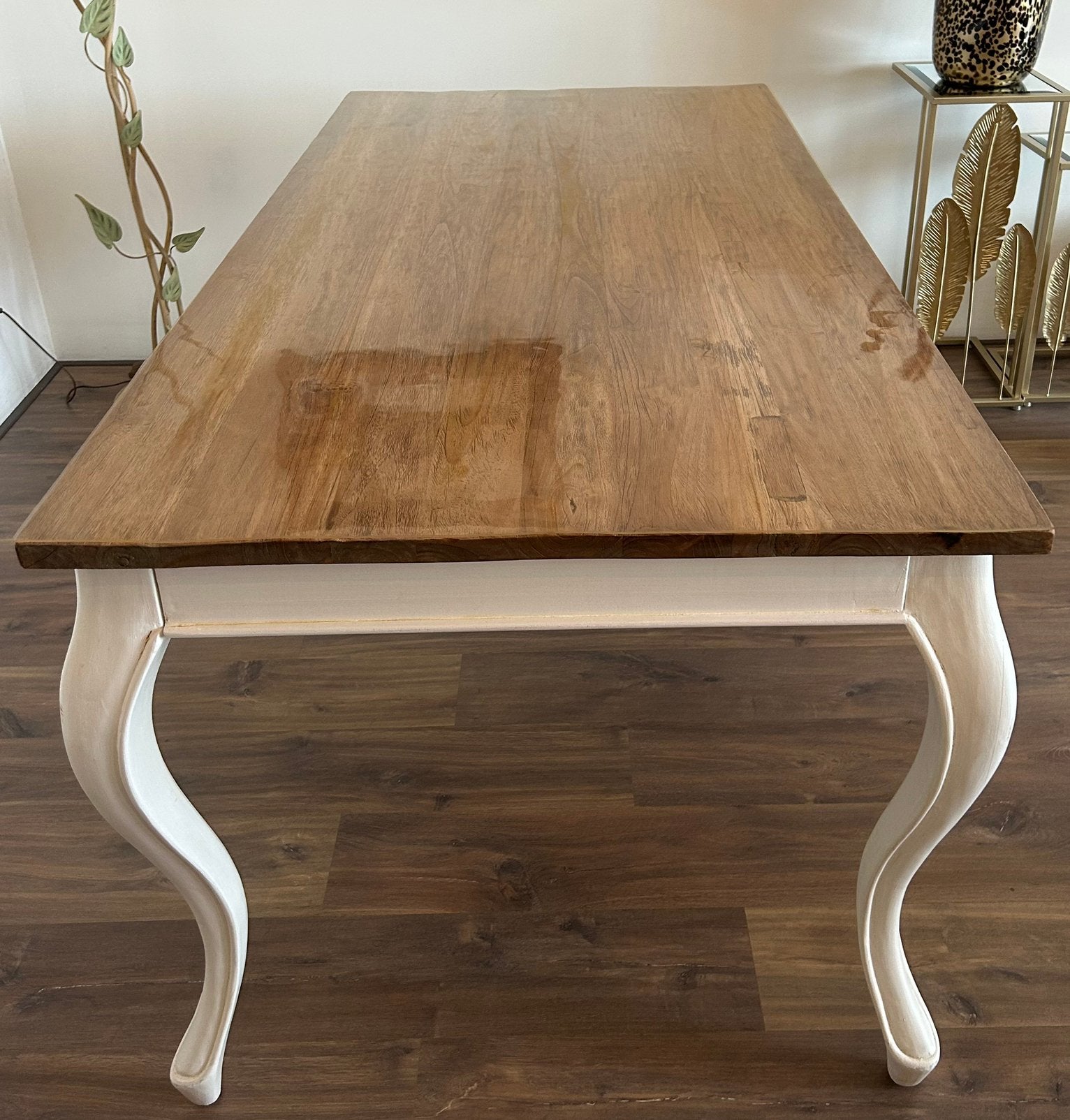 Landelijke eettafel 180 x 90 cm – Massief teak – Crème, Huis en Inrichting, Tafels | Eettafels, Ophalen, 50 tot 100 cm, Zo goed als nieuw