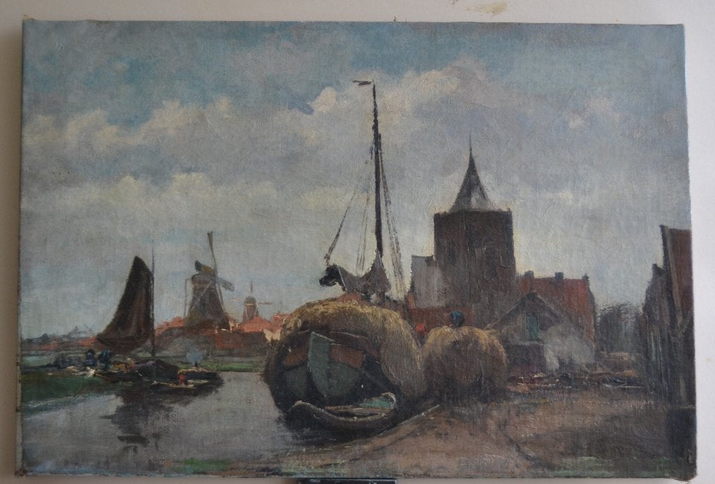 olieverf schilderij Zaaanse Schans +- 1900 Frans Langeveld, Ophalen, Klassiek, Olieverf, Stads- / dorpsgezicht
