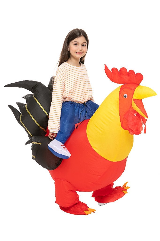 Zittend op Haan Opblaaspak Kinderen Kippenpak Rijdend op Kip, Ophalen of Verzenden, Zo goed als nieuw, 122 t/m 128, Jongen of Meisje