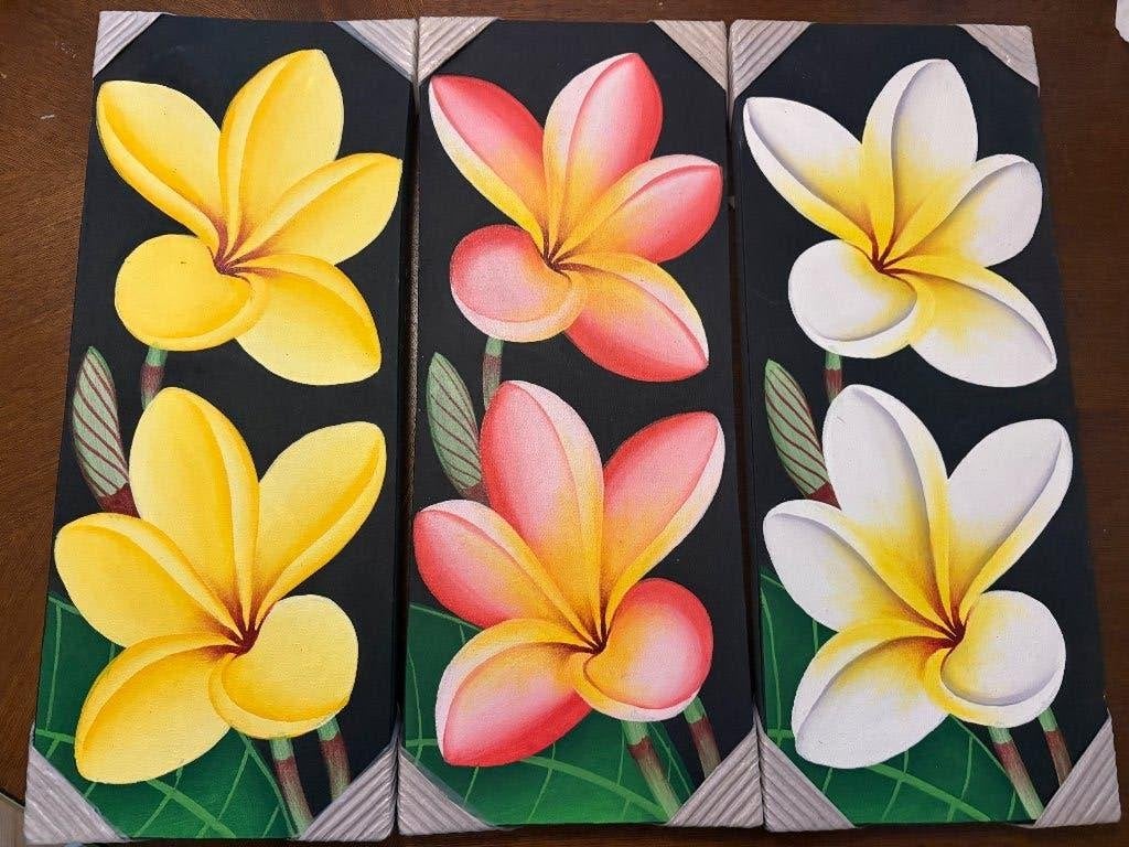 3 handgeschilderde Balinese frangipani schilderijen, Ophalen of Verzenden, Handgeschilderd