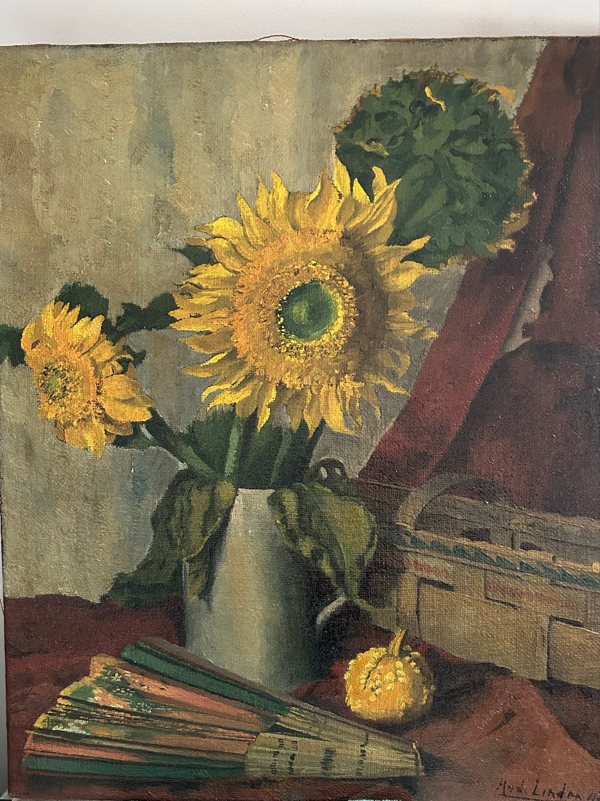 Olieverfschilderij Zonnebloemen, gesigneerd H.v.d. Linden, Ophalen, Doek, Realistisch, Stilleven