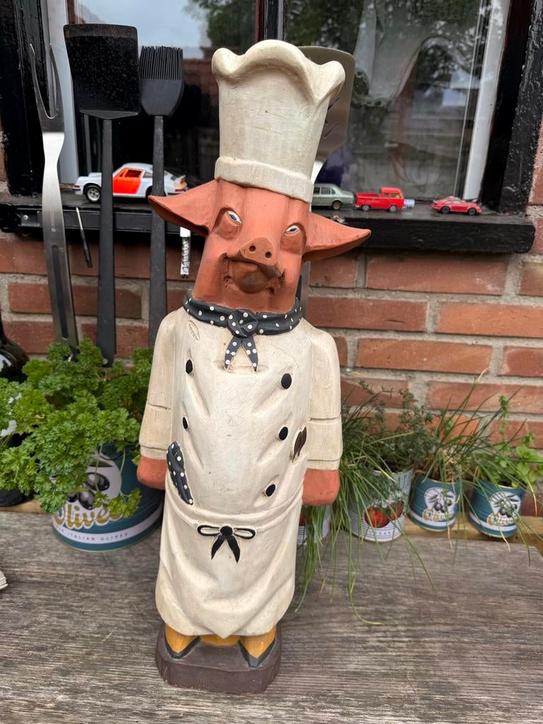 Antieke Houten Kok Varken Pop - Mancave/Slagerij Decoratie, Ophalen of Verzenden