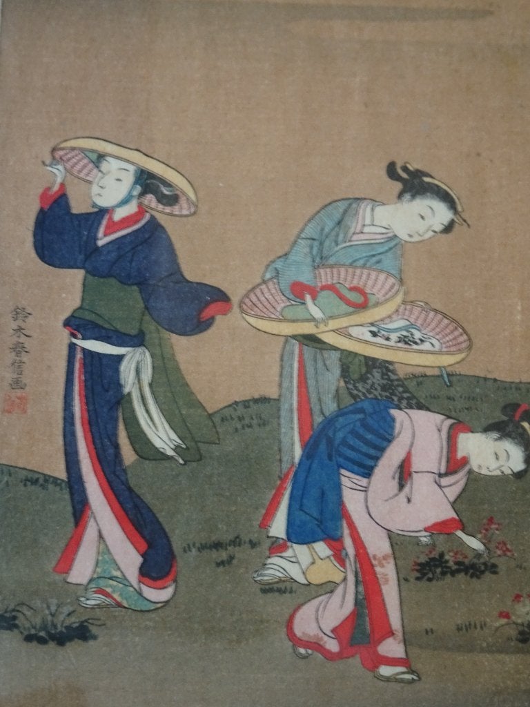 Drie Japanse houtsnedes muziek, boot, drie vrouwen 20e eeuw, Ophalen of Verzenden, Dagelijks leven, Houtsnede, 1900 - 1949