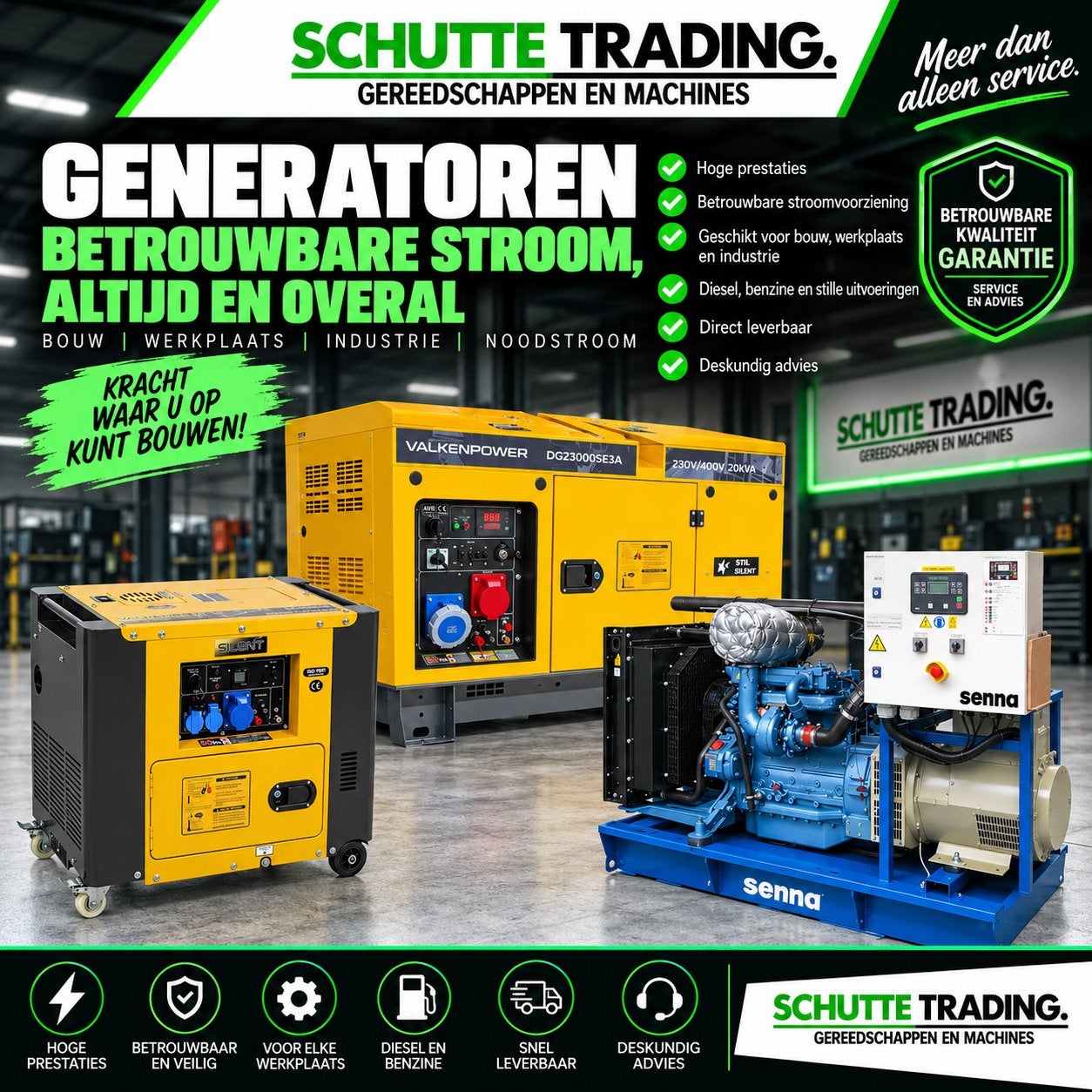 Generator Kopen? Benzine, Diesel 230V/400V – Schutte Trading, Ophalen, Nieuw