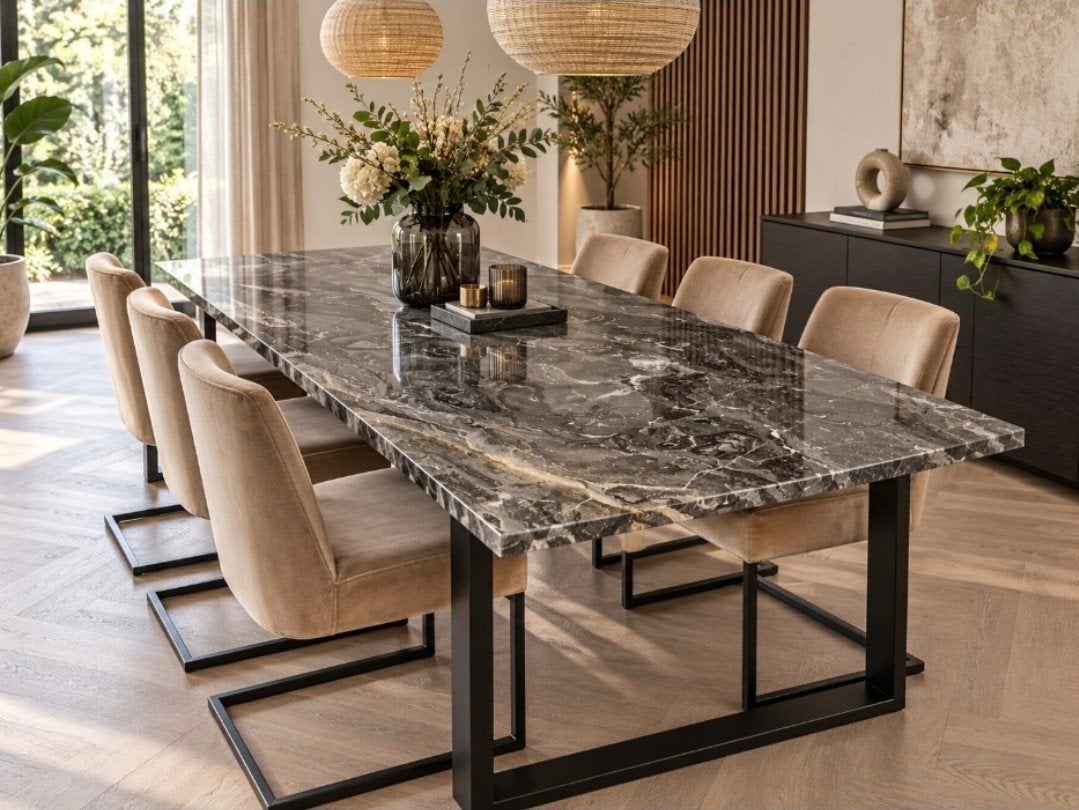prachtige zwartadrige marmeren tafel, Ophalen, Zo goed als nieuw, Rechthoekig, 200 cm of meer