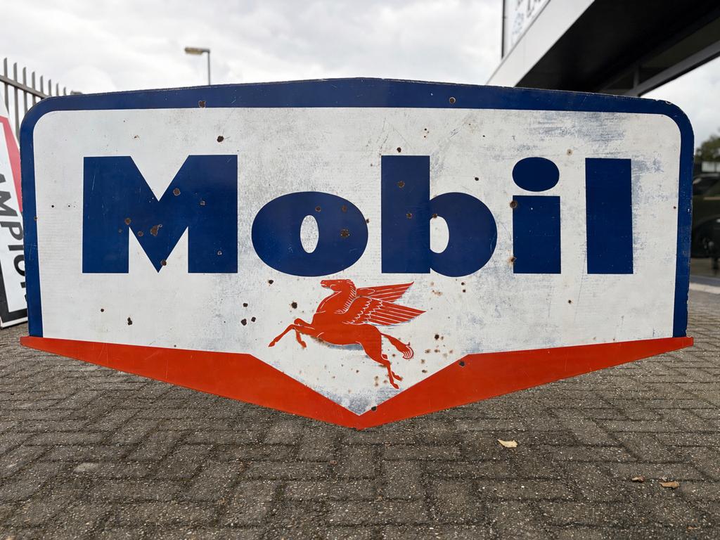 XXL emaille reclamebord Mobil pegasus mobiloil 200x100cm, Ophalen, Gebruikt, Reclamebord